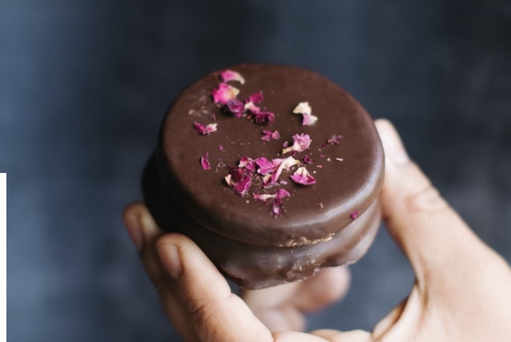 A hand holding a chocolate covered alfajor